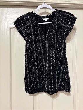 Time and Tru Black Short-Sleeve V-Neck Blouse with White Stripe Detail